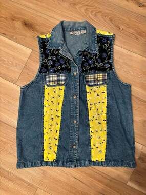 Shelly & Arnold Vintage 90s Patchwork Floral Plaid Denim Vest